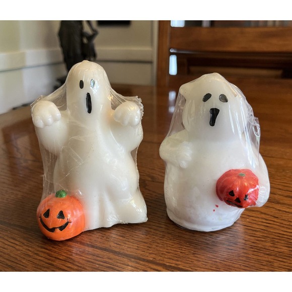 Unbranded Other - Vintage Halloween Wax Candles Set Of 2 Spooky Ghosts & Jack O Lantern Pumpkins